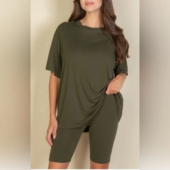 Olive Green Align Matching Set Oversized T Shirt Biker Shorts Lululemon Vuori - Picture 2 of 6